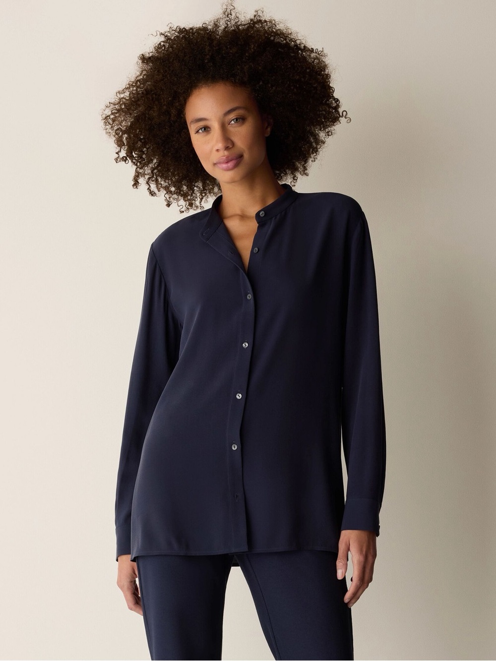 NWT Eileen Fisher Silk Georgette Crepe Band Collar Shirt Navy 1X